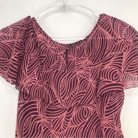MICHAEL Michael Kors Pink Maroon Geometric Leaf Print Tiered Blouse - Picture 8 of 15